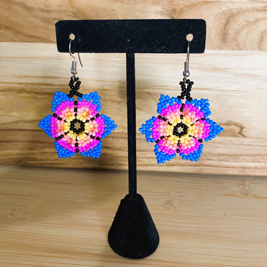 Small Hand-Made Huichol Earrings - Blue/Pink